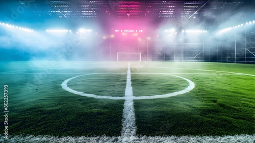 Futuristic Trendy Soccer Field Studio Photography of Midfield Textured Game Action with Neon Fog and Split Generative ai