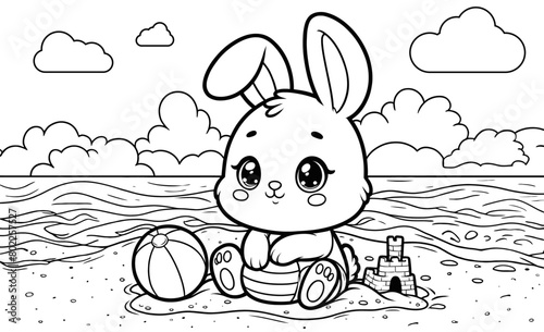 A coloring page of a Rabbit Enjoying a Sunny Beach Day