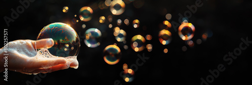 soap bubbles in hand, bubble in the air , bubble on black background, like a dream, There is space for text background cover banner, circle glow