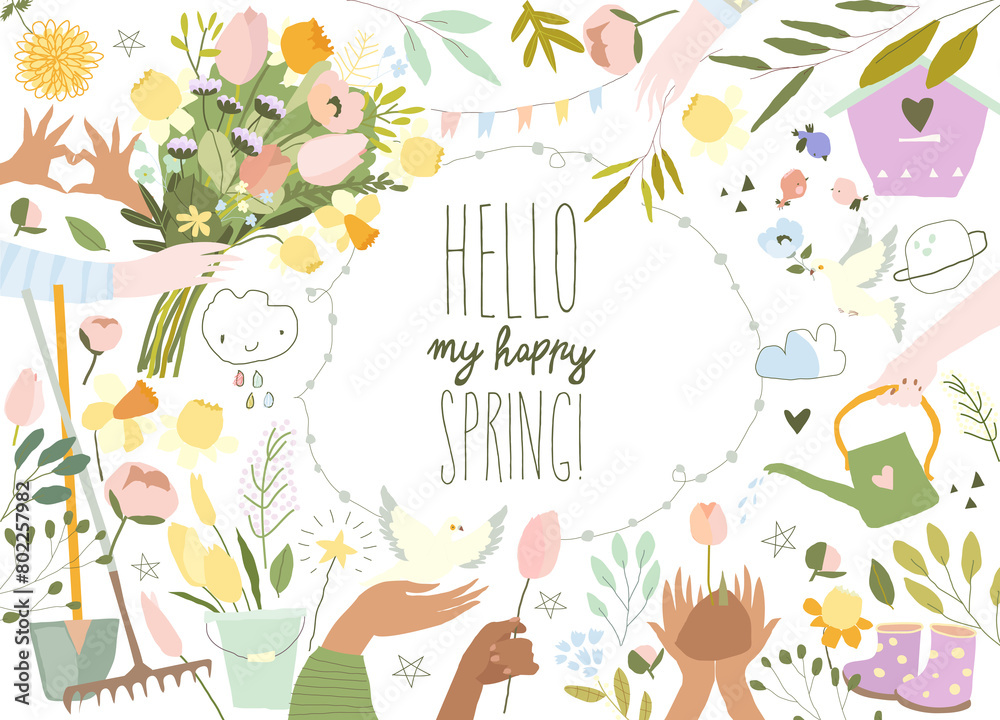 Cartoon Frame with Hands and Bouquets Of Spring Flowers. Vector Illustration Cartoon Frame with Hands and Bouquets Of Spring Flowers. Vector Illustration