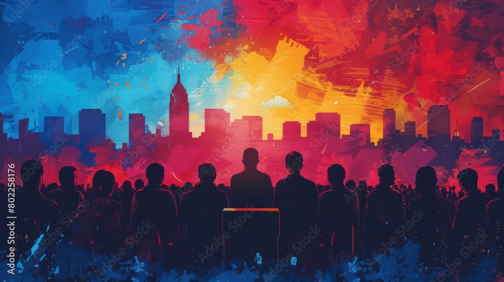 A painting of a crowd of people in front of a city skyline. The sky is a bright orange and blue. The people are all facing the same direction.