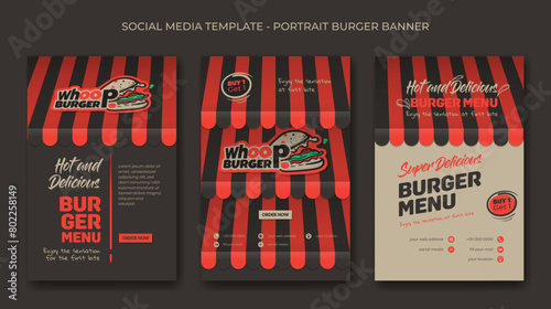Set of portrait social media post template with canopy background and burger in cartoon design