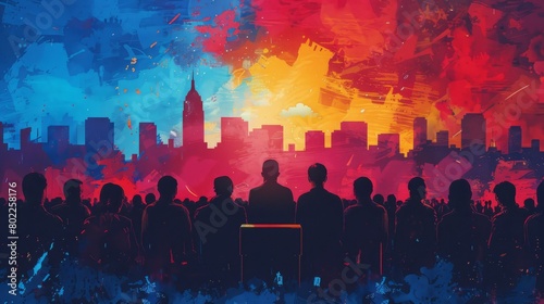 A painting of a crowd of people in front of a city skyline. The sky is a bright orange and blue. The people are all facing the same direction.