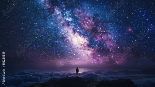 A person stands on a rocky cliff overlooking a vast ocean and a starry sky