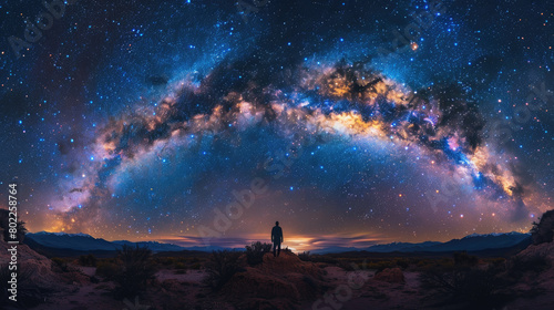 A person stands in the middle of a vast, starry sky