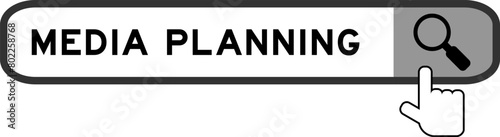 Search banner in word media planning with hand over magnifier icon on white background