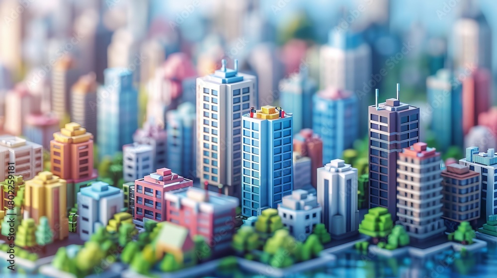 City buildings in pixel art, full city background blurre City buildings in pixel art, full city background blurre