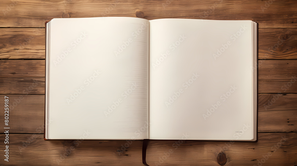 Open notebook on table, top view Open notebook on table, top view
