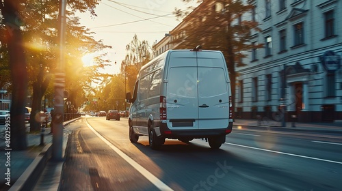 Fototapeta Naklejka Na Ścianę i Meble -  White modern delivery small shipment cargo courier van moving fast on motorway road to city