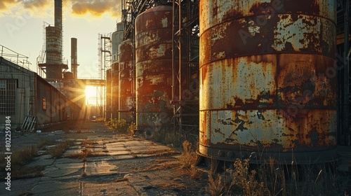 Warm evening sun glinting off iron stacks in a deserted outdoor manufacturing site © nur