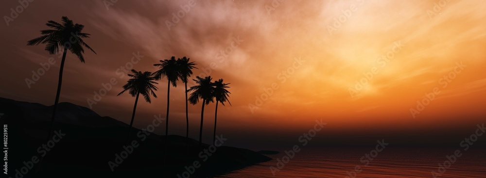 Obraz premium Silhouettes of palm trees against the background of a sunset on the beach, 3D rendering