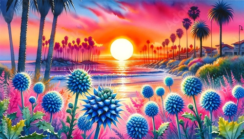 Watercolor painting of Sea Holly flowers on a Beach at Sunset photo