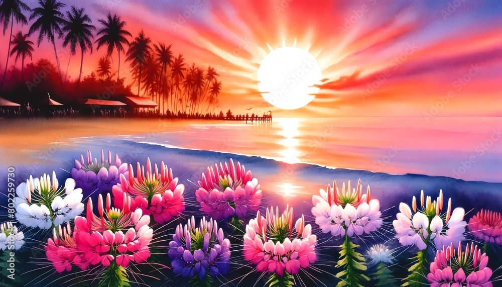Watercolor painting of Spider flowers on a Beach at Sunset
