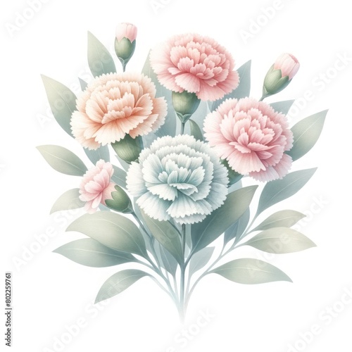 Delicate pastel pink and blue carnation bouquet illustration. Soft floral arrangement with blooming flowers and green leaves, isolated on a white background. Perfect for weddings, Mother's Day, or sp
