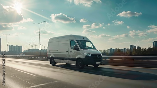 White modern delivery small shipment cargo courier van moving fast on motorway road to city