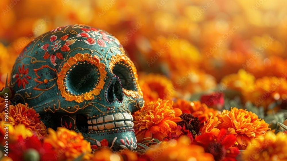 Festive Day of the Dead Sugar Skull on Colorful Marigold Background, Celebrating Hispanic Heritage and Dia de los Muertos