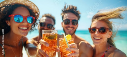 A group of people are enjoying drinks on a beach. Summertime. Seasonal