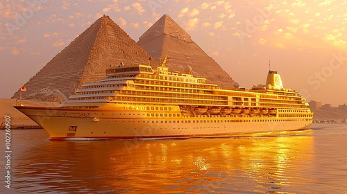 A cruise ship sails past the pyramids of Giza in Egypt.