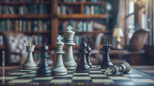 A serene scene of a chess board in a cozy library, its intellectual setting and focused players highlighting the game's connection to knowledge and learning on International Chess Day.