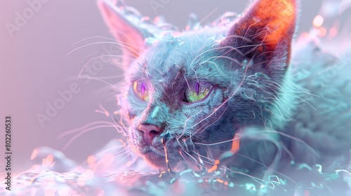 A digital painting of a cat made of glowing particles.