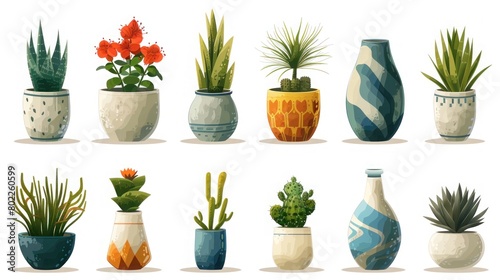 Assorted Retro Desert Rose Trees and Snake Plants in Nordic Vases on Furniture Cutouts - Isolated on Background