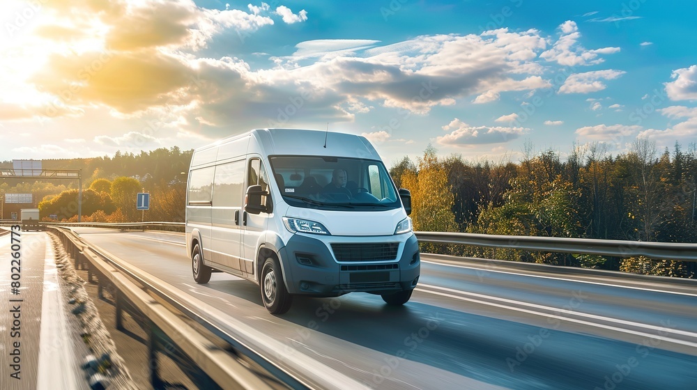 White modern delivery small shipment cargo courier van moving fast on motorway road to city