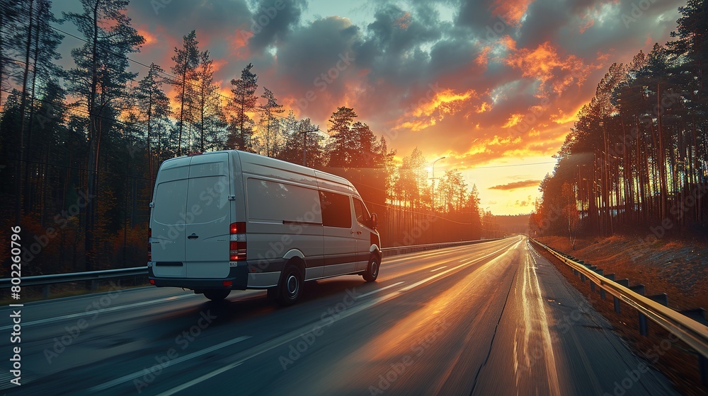 White modern delivery small shipment cargo courier van moving fast on motorway road to city White modern delivery small shipment cargo courier van moving fast on motorway road to city
