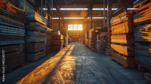 Golden hour light washing over stacked metal girders in a construction storage area © nur
