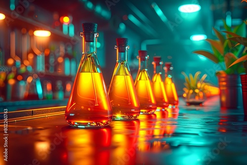 Glowing conical flasks on a bar counter, filled with luminous orange liquid under neon lights.