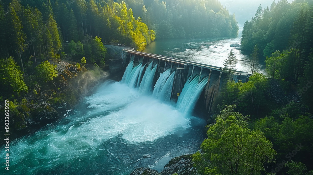 A hydroelectric dam harnessing the power of a roaring river, surrounded by lush green trees