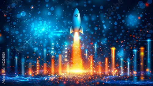 A blue rocket ship launching from a launch pad with a starry blue background.