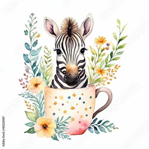 Zebra in mug with flowers   watercolor style made for kids