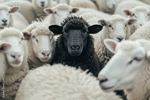 Black sheep in the middle of a white flock, a crowd of sheep around the black one looking at the camera, a concept of individuality and atomization among modern society