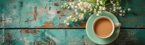 Good Morning Bouquet: Coffee Mug, Lily of the Valley, and Vintage Card on Turquoise Rustic Table - Top View Flat Lay