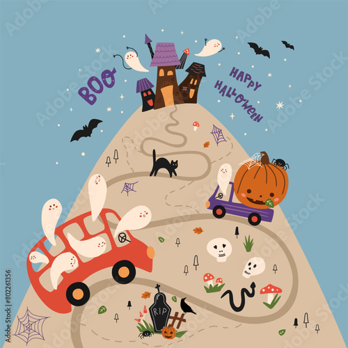 Cute Halloween party map. Funny poster with vector happy pumpkin, truck, creepy ghosts in bus, skeleton, haunted house, black cat, gravestone, bat. October holiday invitation, card, kids illustration.