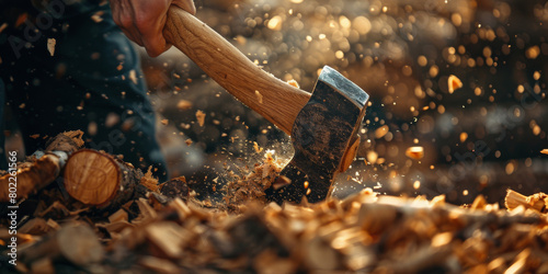 A man is chopping wood with an axe #802261566