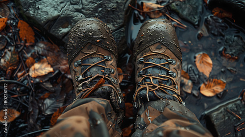 Rigged hiking boots closeup in the man's feet covered in mud photo