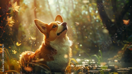 Immerse the viewer in a whimsical, digitally rendered world where a mischievous corgi with perky ears and a wagging tail explores a dreamlike landscape, blending photorealistic textures with a touch o photo