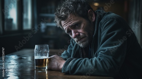 Man drinking alcohol. Alcohol addiction problem. Abuse alcohol drinking. Close up face of disturbed, troubled man. Feeling angry, resentful, humiliated. Depressive thoughts photo