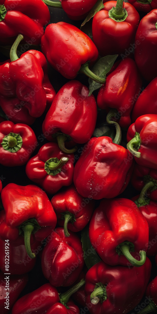 Fresh Red Bell Peppers with Dewdrops in Natural Light