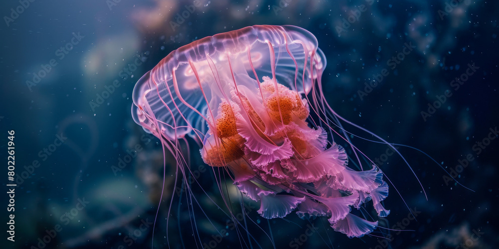 Enchanting Pink Jellyfish Swimming in Deep Blue Ocean Enchanting Pink Jellyfish Swimming in Deep Blue Ocean
