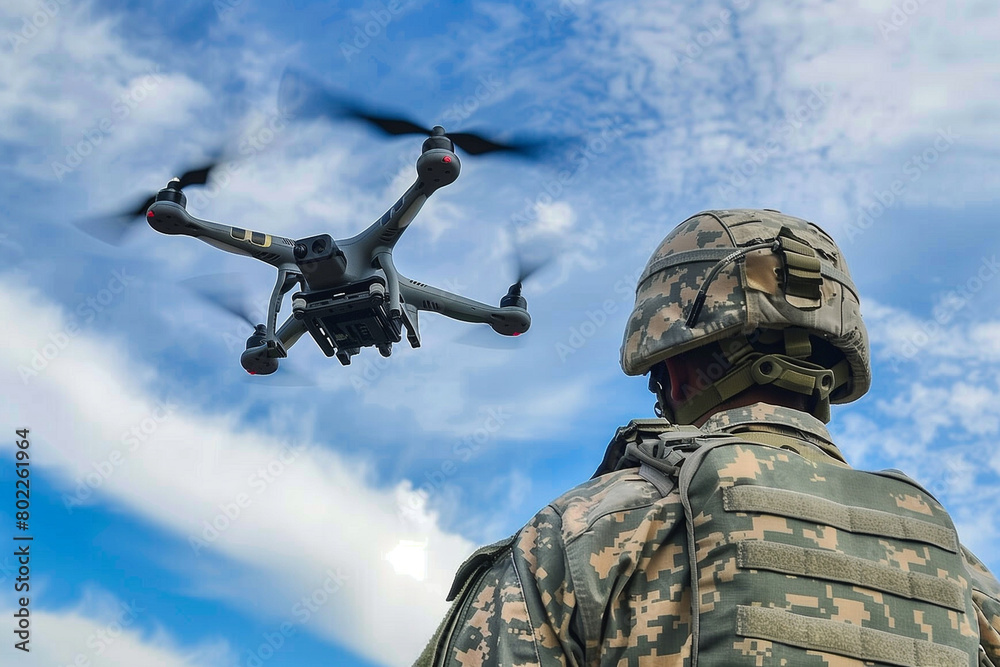 A soldier uses a drone