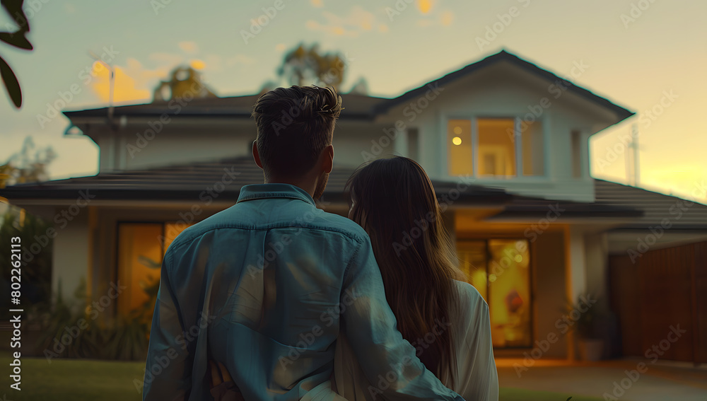 Young couple standing and hugging together in front of their new house