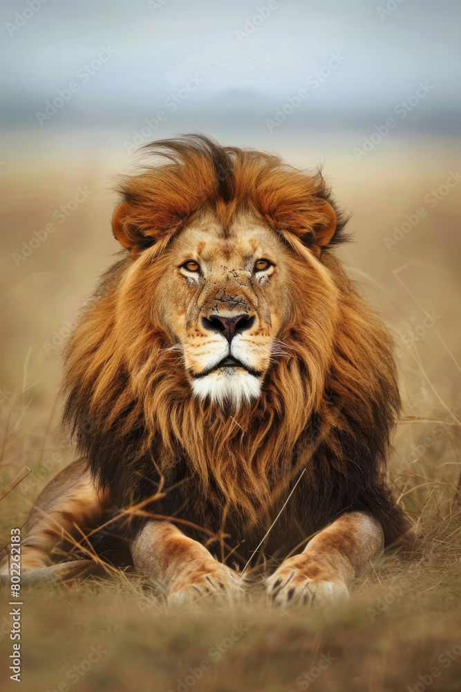 Majestic Lion Sitting in Wild Grassland, Royal and Powerful Majestic Lion Sitting in Wild Grassland, Royal and Powerful