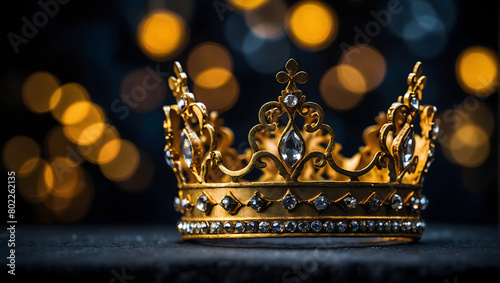 a majestic golden crown against a dark backdrop, symbolizing royalty and power.