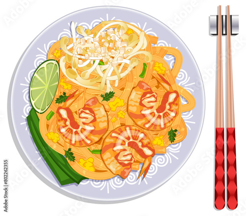 Shrimp Pad Thai with Chopsticks Top View Illustration - Thailand Street Food 