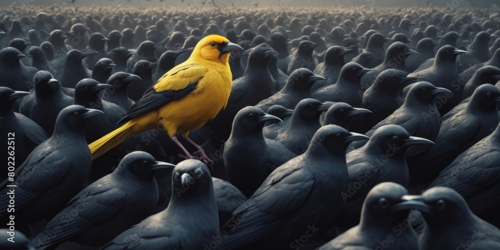 Obraz premium a yellow bird surrounded by many black birds