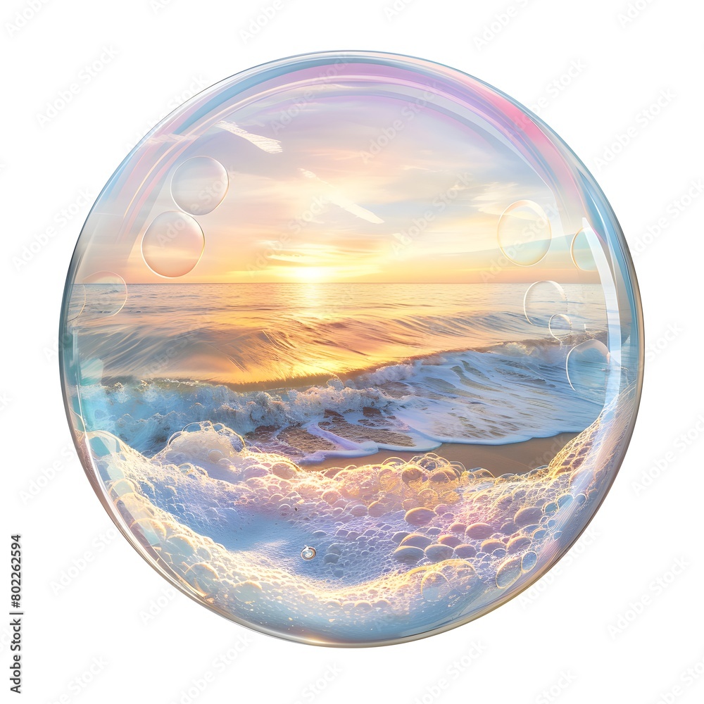 Beautiful beach and ocean in a shiny bubble. Travel concept and travel agency advertising. Beautiful beach and ocean in a shiny bubble. Travel concept and travel agency advertising.