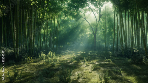 A serene bamboo forest with sunlight filtering through the dense canopy  casting dappled shadows on the ground