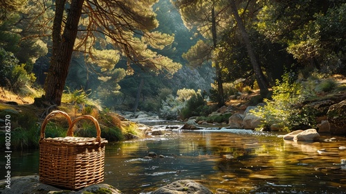 A rustic picnic basket beside a tranquil mountain stream in a shaded forest clearing at midday. © nur